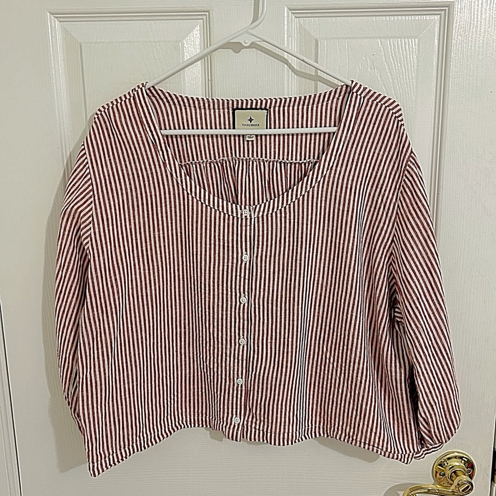 Tuckernuck Red Stripe Linen Kennedi Blouse Size Large Boxy Preppy - Picture 6 of 14
